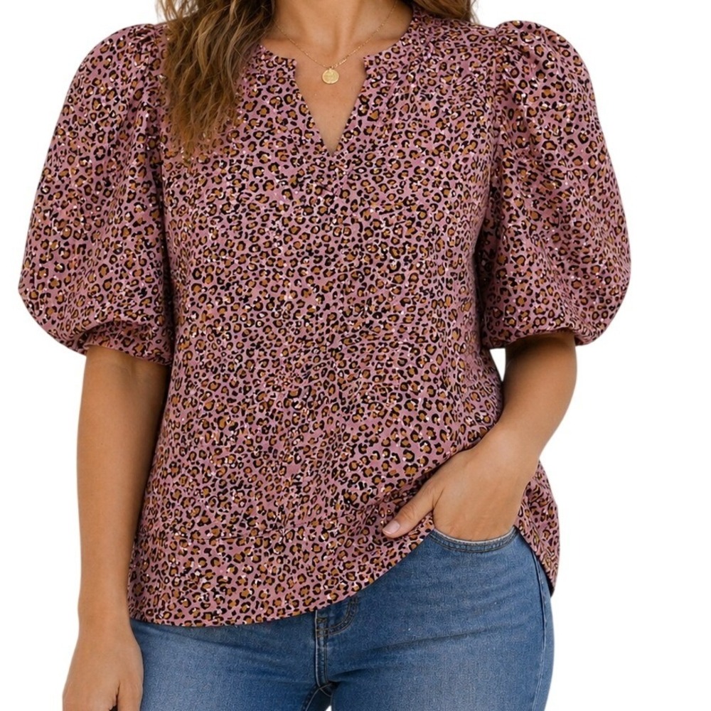 *NWT* Who What Wear Sweatshirt Women XS Pink Leopard Puff Ruffle Sleeve